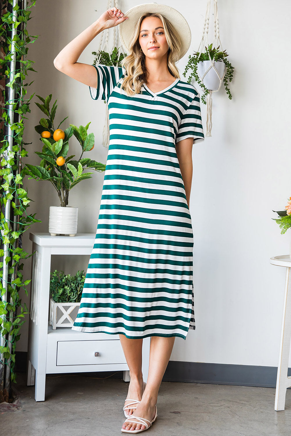 Striped V-Neck Short Sleeve Side Slit Dress