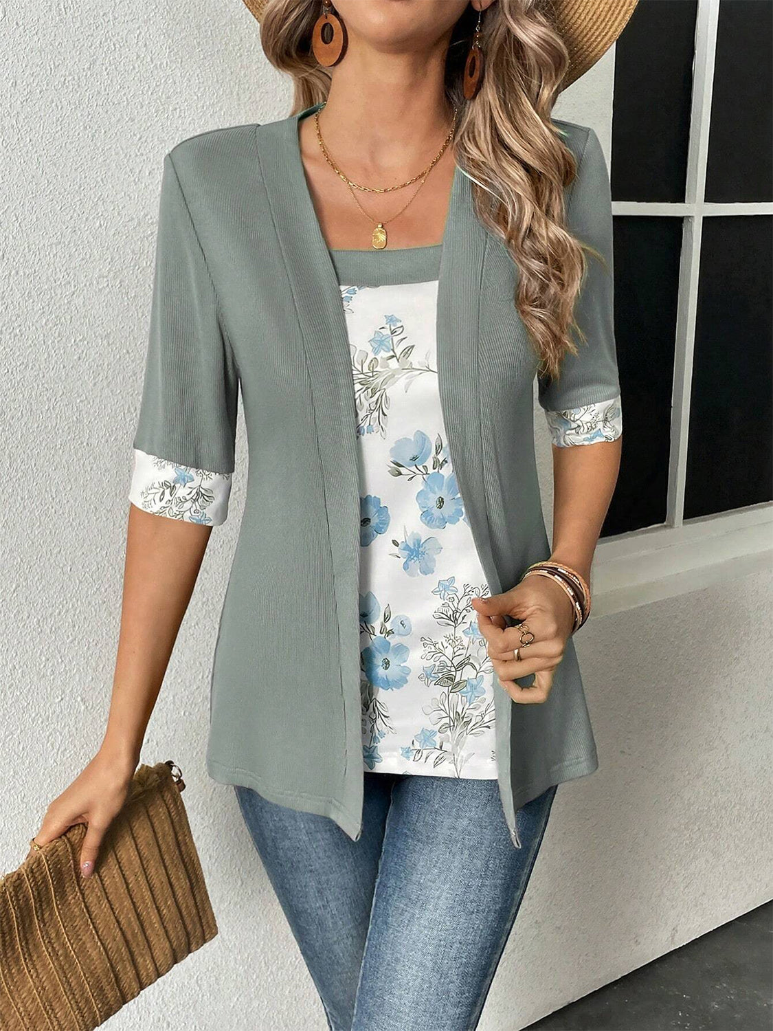 Faux Layered Printed Half Sleeve Top