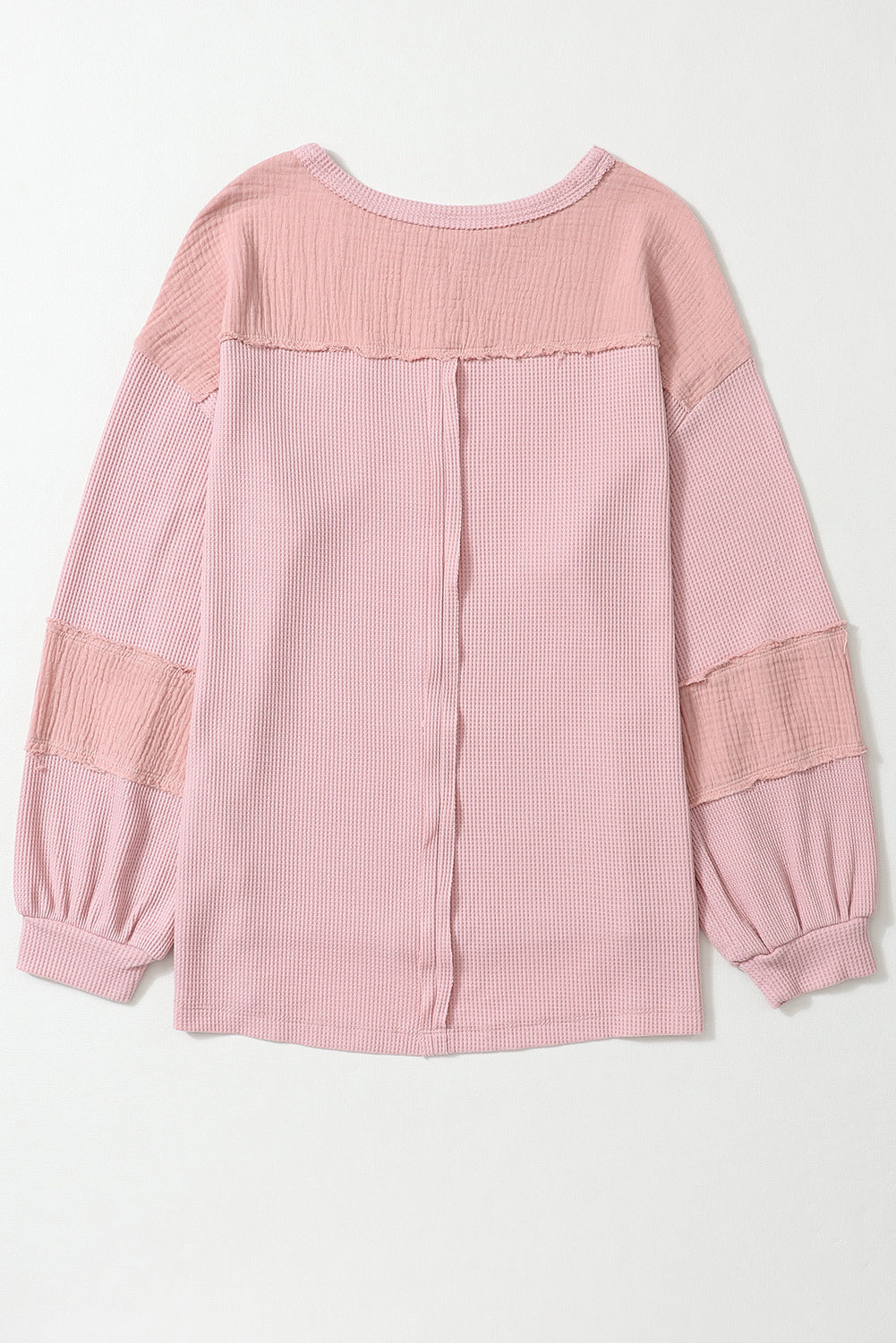 Waffle-Knit Exposed Seam Lantern Sleeve Blouse