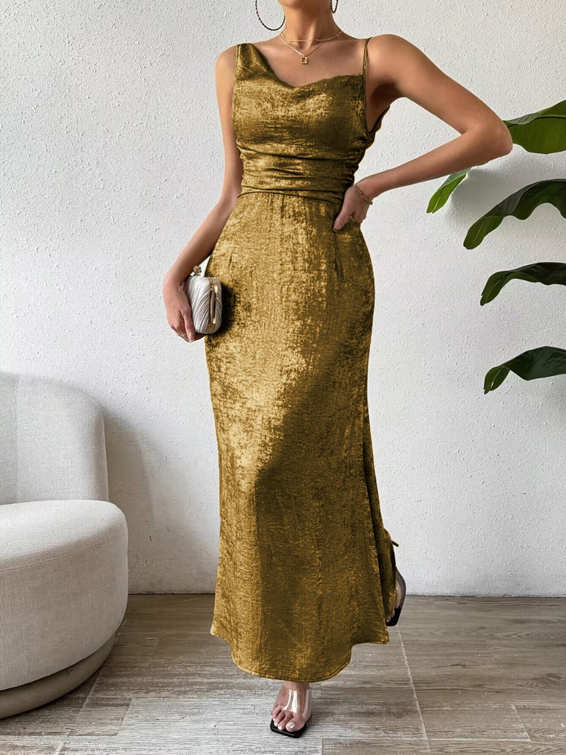 Honey Asymmetric Neck Sleeveless Midi Dress