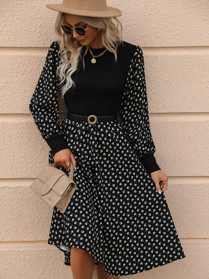 Honey Printed Round Neck Long Sleeve Dress