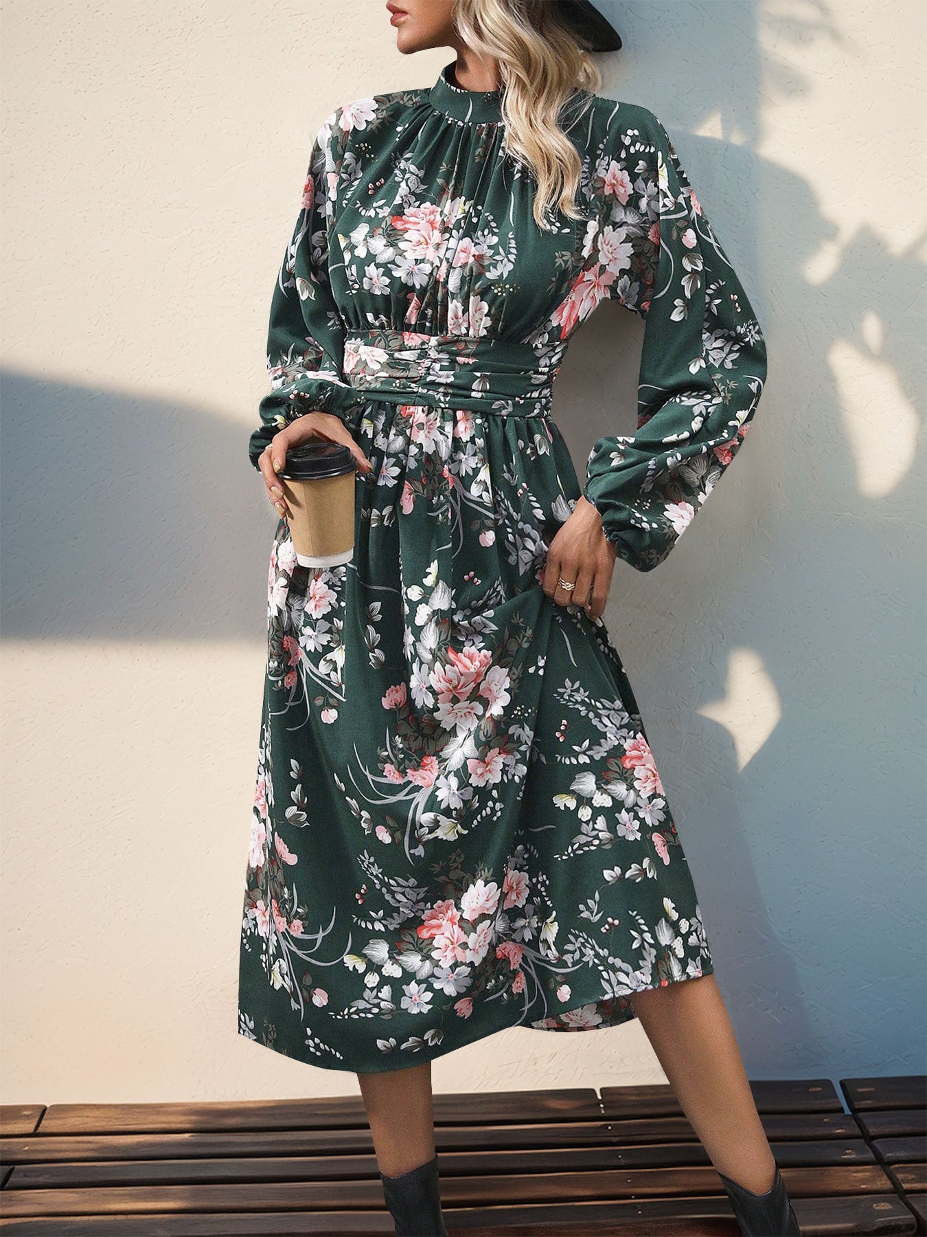 Perfee Ruched Printed Mock Neck Long Sleeve Midi Dress