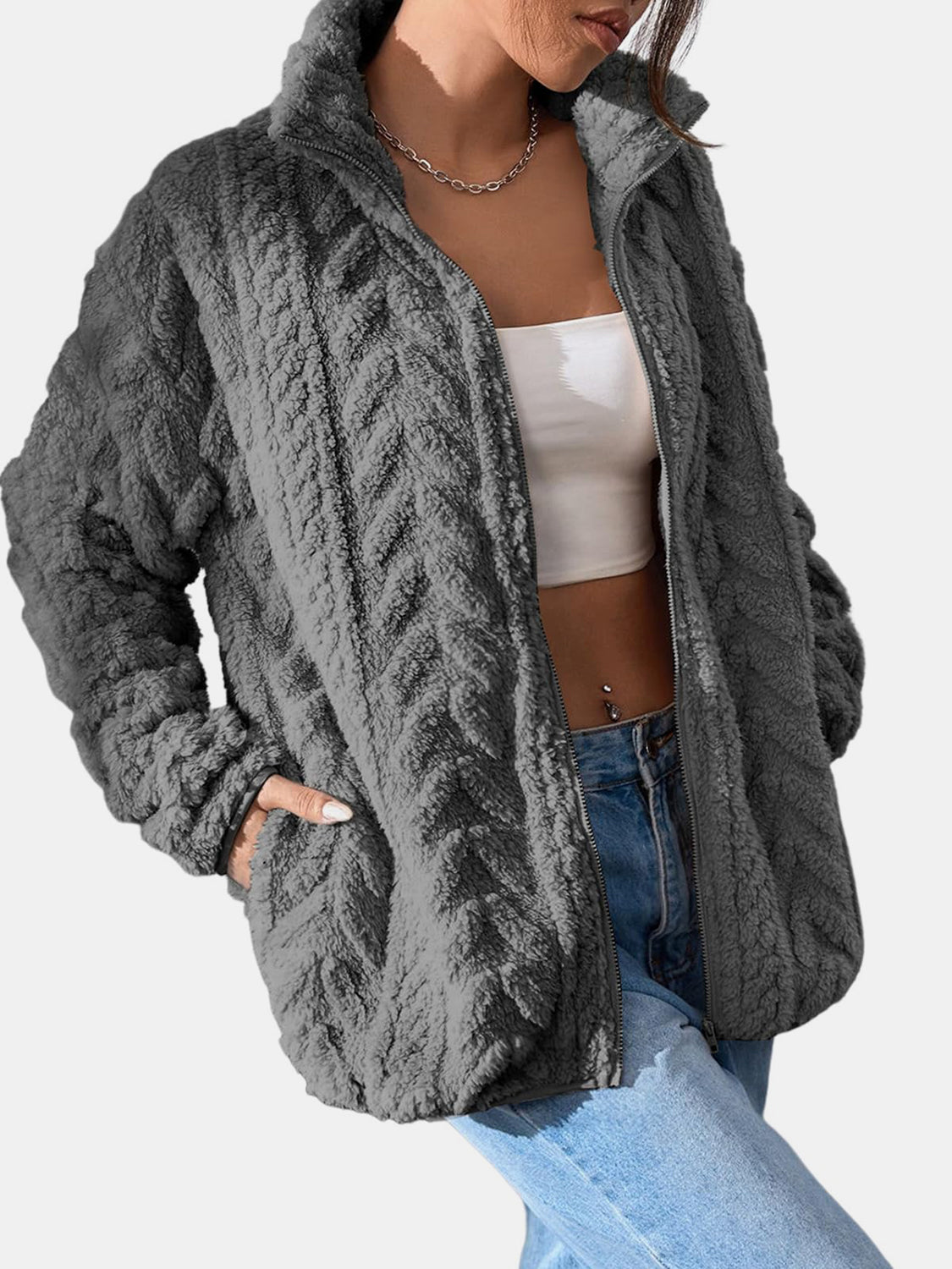 Fuzzy Zip Up Long Sleeve Jacket