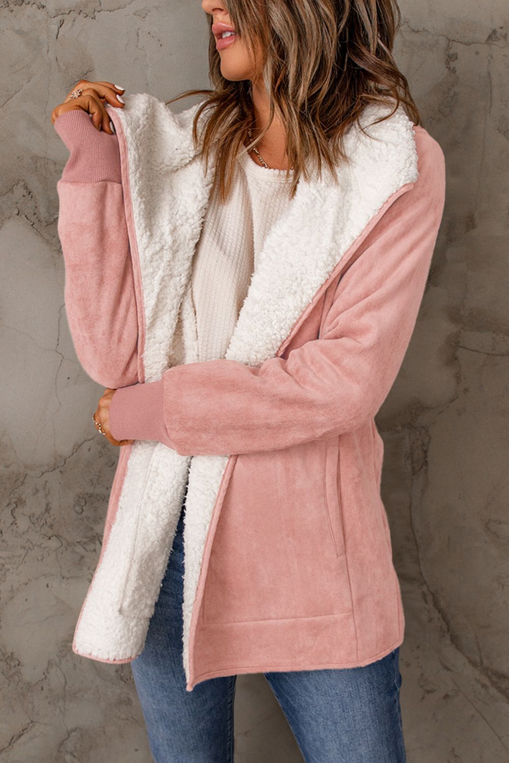 Open Front Long Sleeve Sherpa Jacket with Pockets