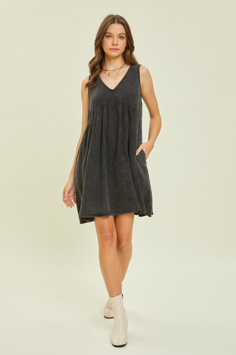 HEYSON Full Size Texture V-Neck Sleeveless Flare Mini Dress