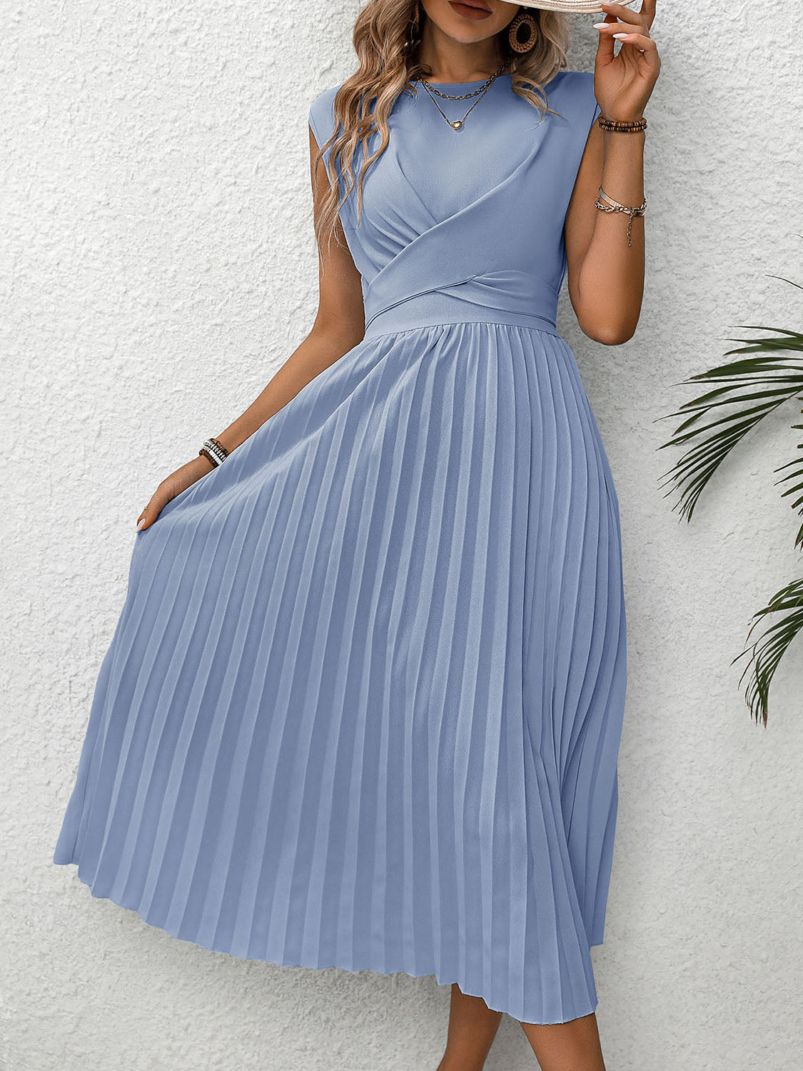 Perfee Pleated Round Neck Cap Sleeve Dress