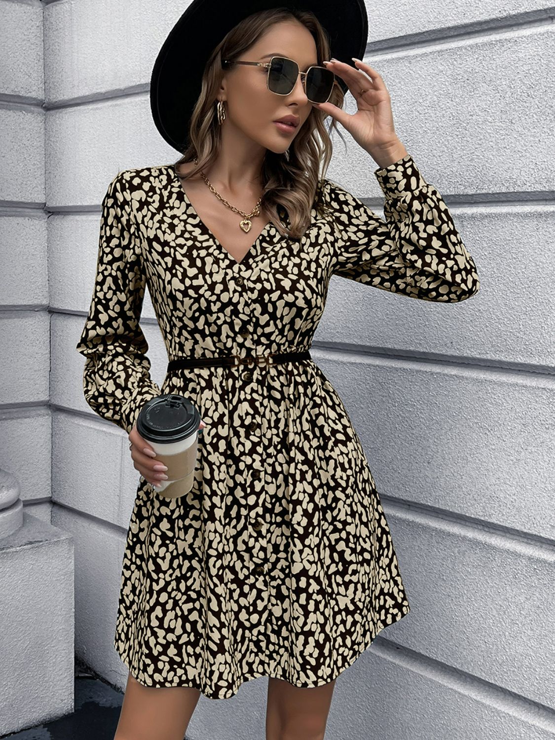 Ivy Lane Animal Print Buttoned V-Neck Long Sleeve Dress