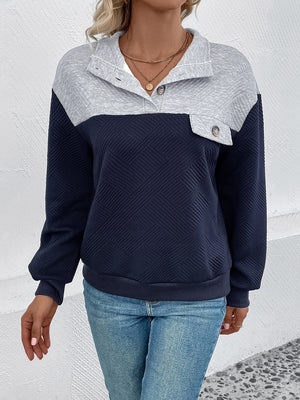 Perfee Textured Contrast Half Button Sweatshirt