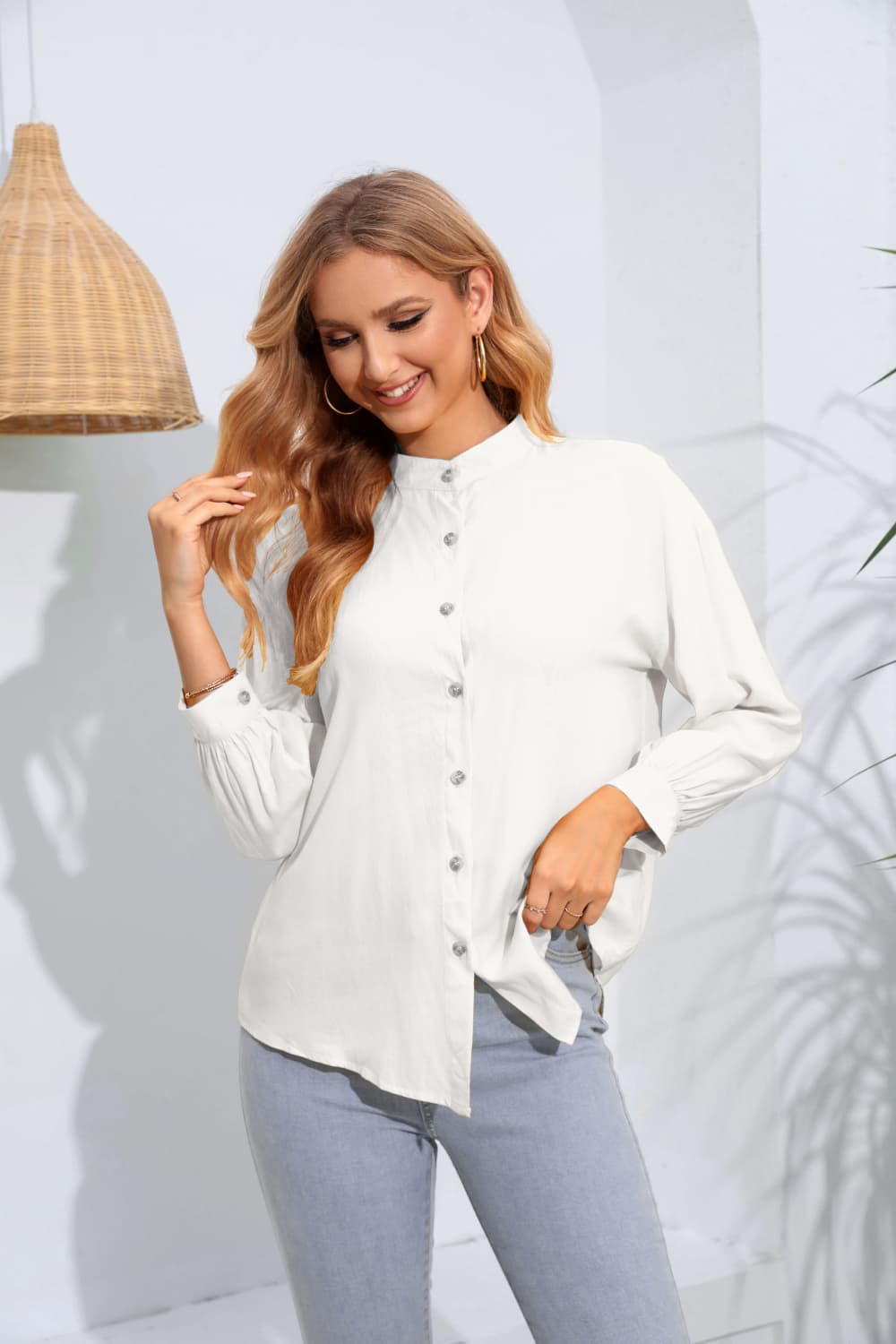 Mock Neck Buttoned Long Sleeve Shirt