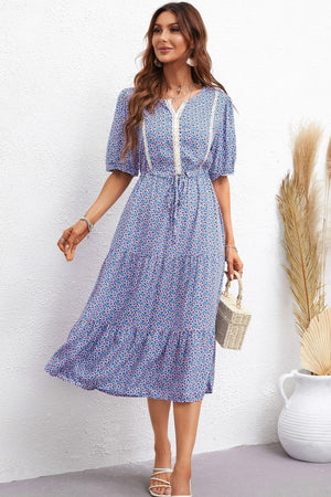 Honey Printed Drawstring Waist Notched Neck Dress