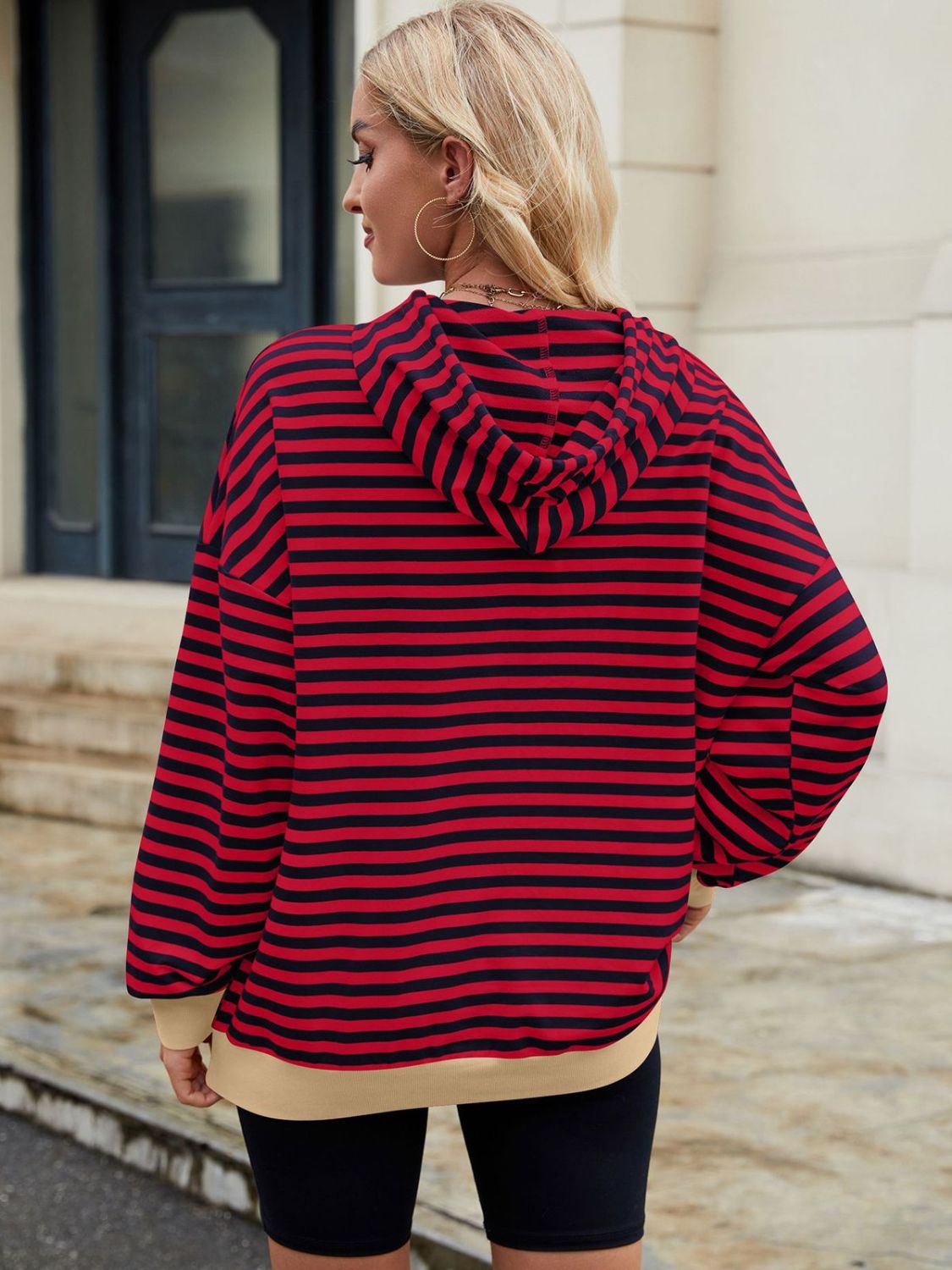 Drawstring Contrast Striped Long Sleeve Hoodie