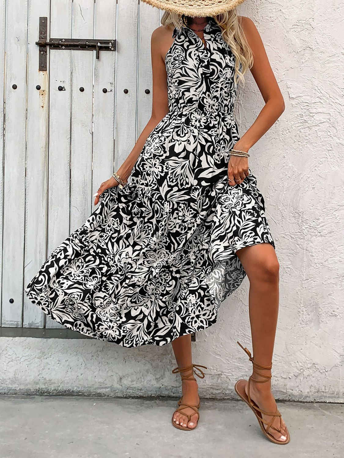 Perfee Backless Smocked Printed Sleeveless Midi Dress