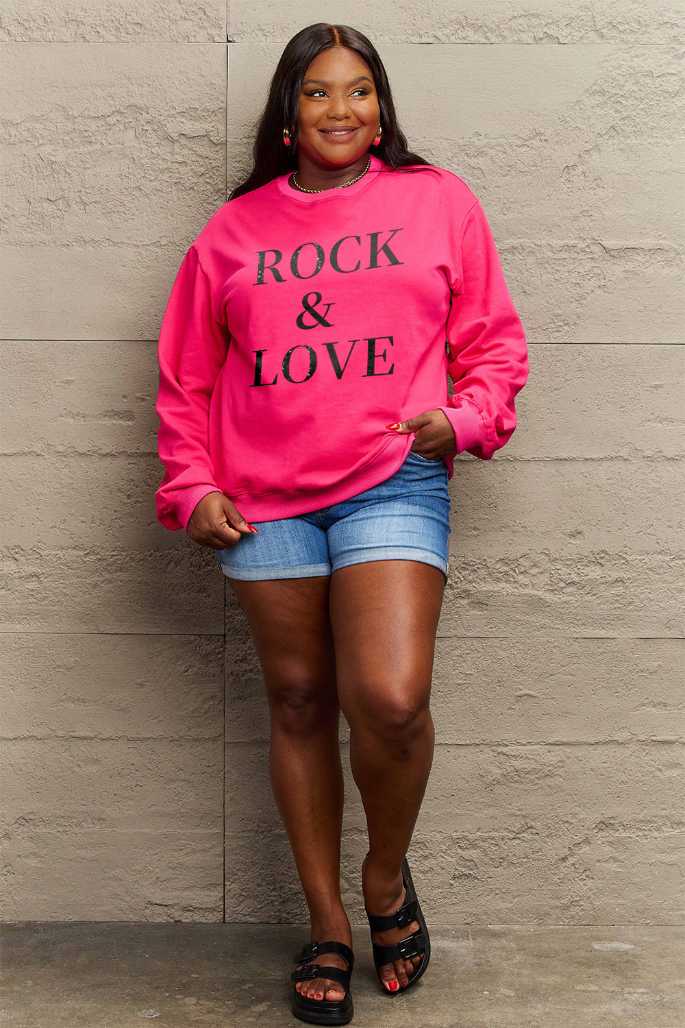 Simply Love Full Size ROCK ＆ LOVE Round Neck Sweatshirt