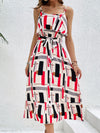 Perfee Ruffled Printed Tie Waist Midi Dress