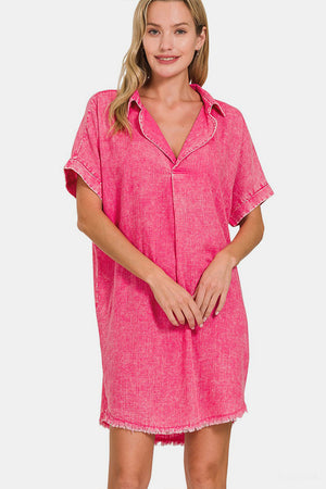 Zenana Washed Linen V-Neck Raw Hem Dress