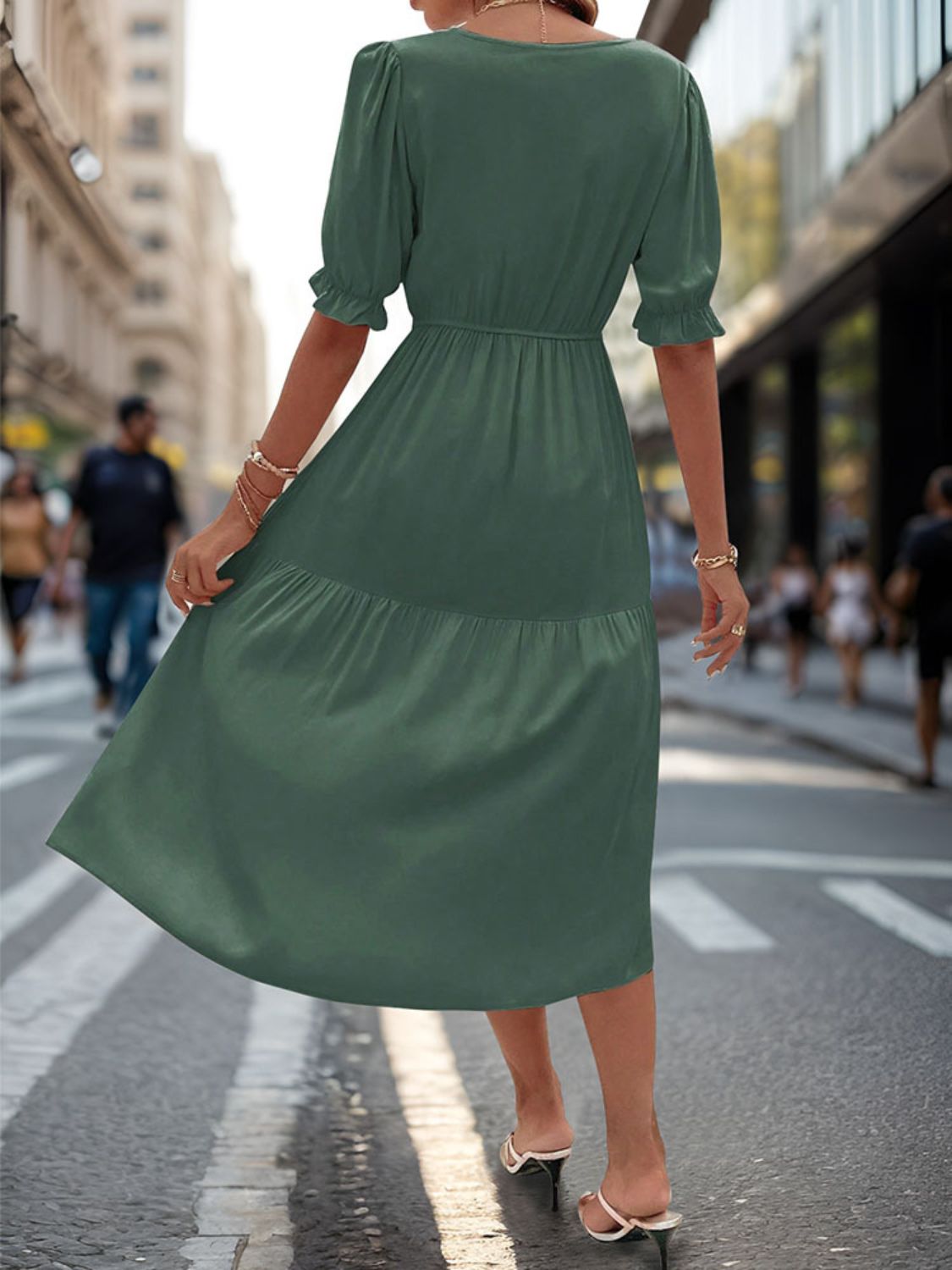 Perfee Ruched V-Neck Half Sleeve Midi Dress