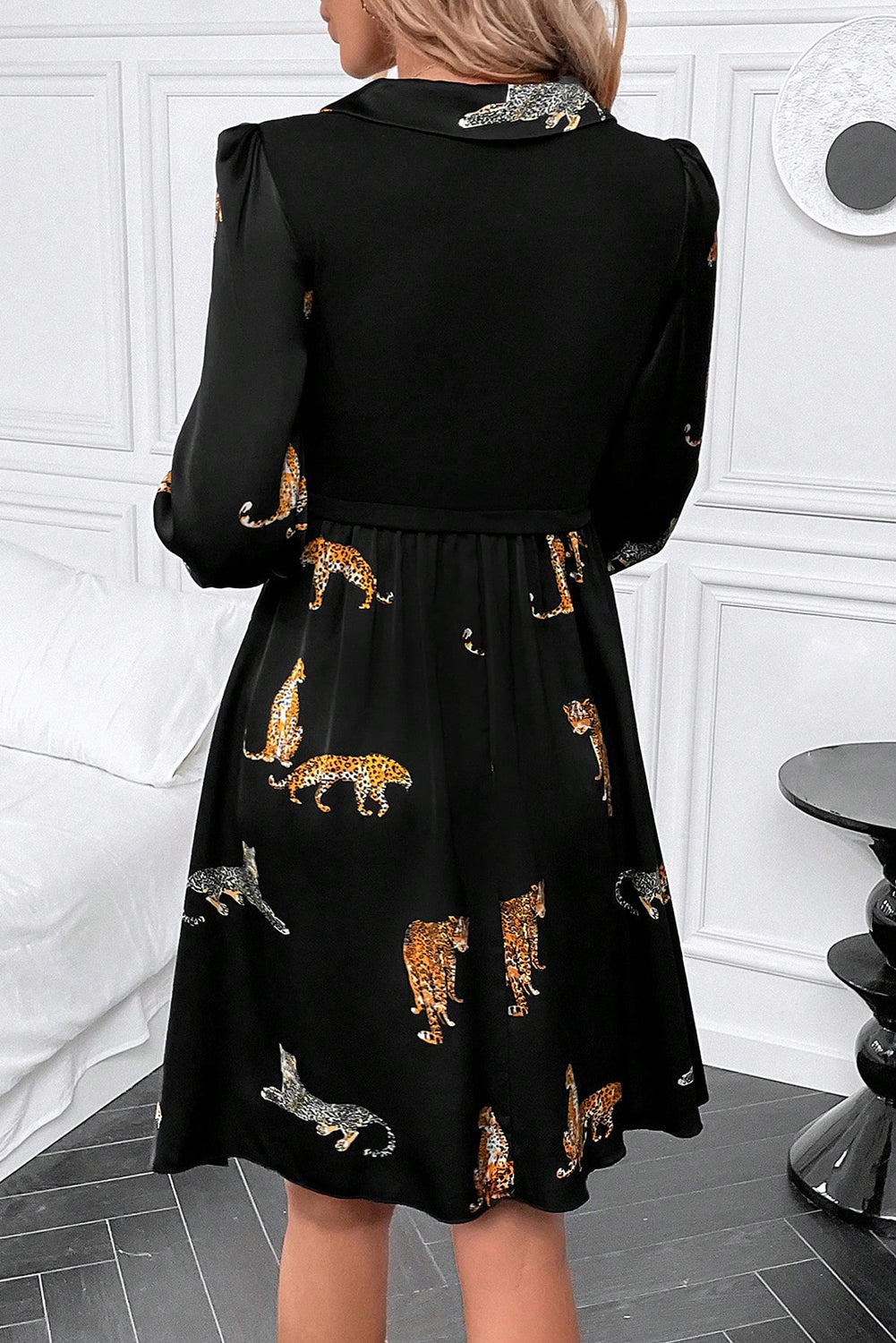 Animal Collared Neck Balloon Sleeve Mini Dress