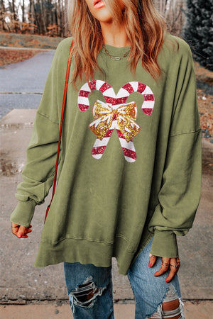 Sequin Candy Cane Round Neck Slit Sweatshirt