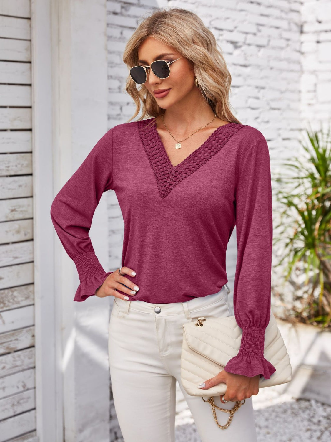 Smocked V-Neck Long Sleeve Blouse