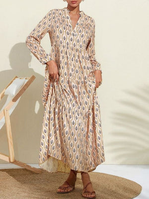 Printed Notched Long Sleeve Midi Dress