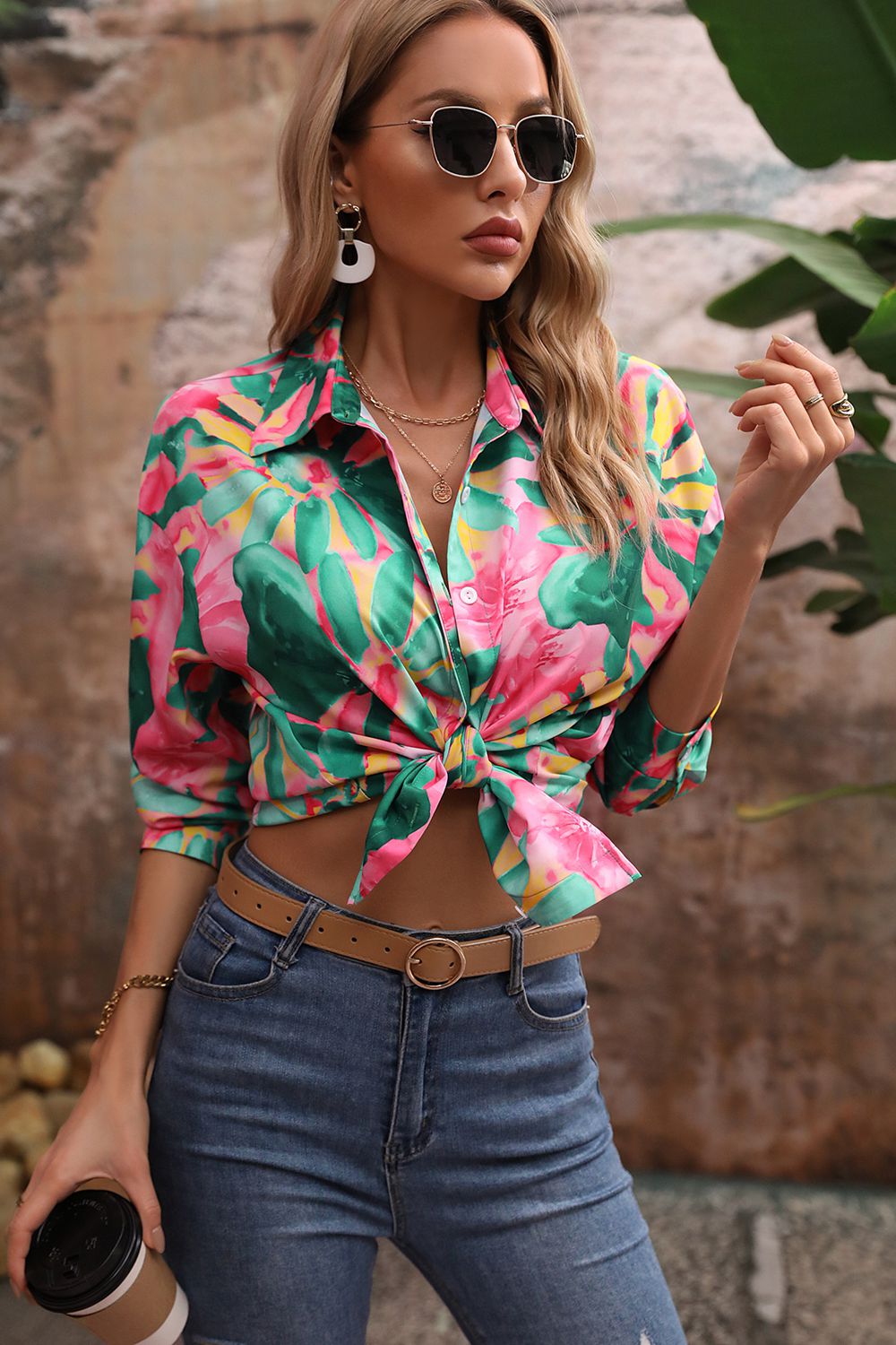 Honey Floral Print Collared Neck Long Sleeve Shirt