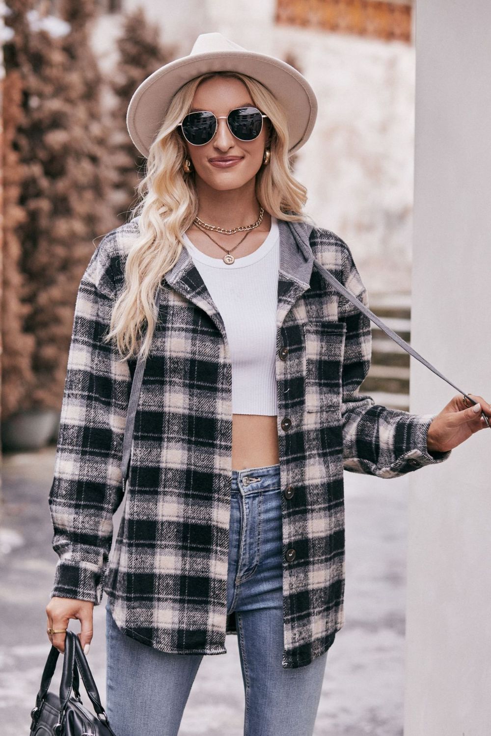 Mandy Plaid Dropped Shoulder Hooded Longline Jacket