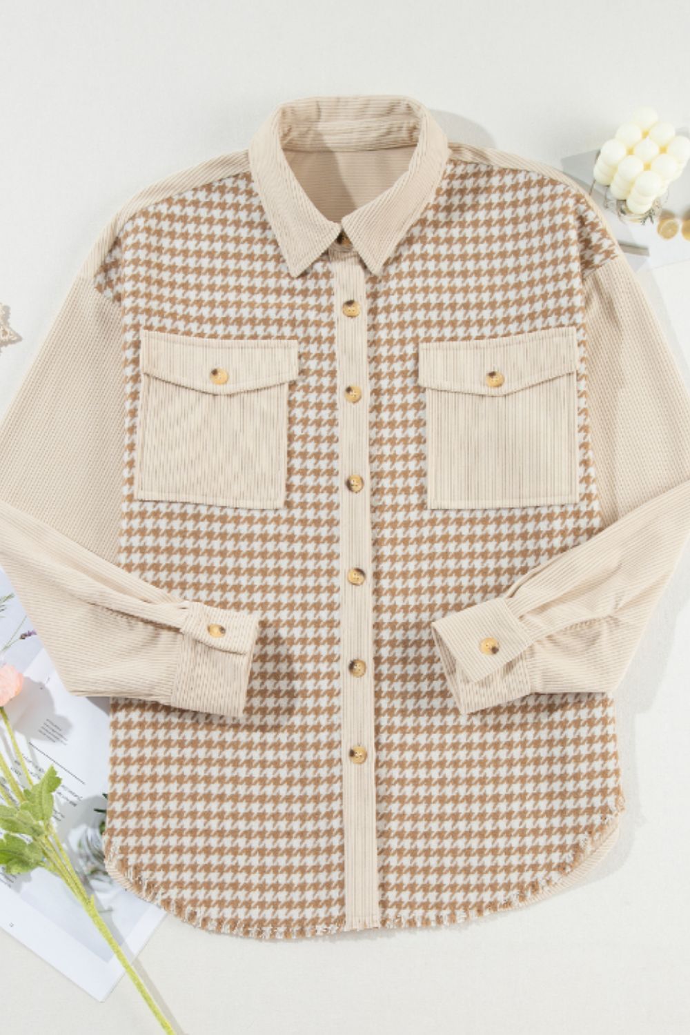 Houndstooth Button Up Long Sleeve Jacket