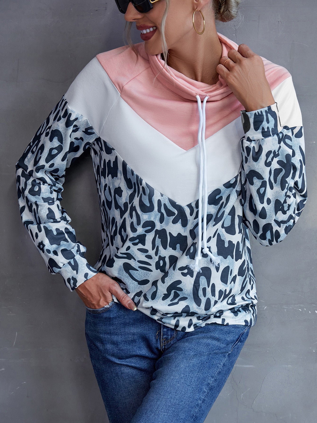 Ivy Lane Leopard Color Block Drawstring Sweatshirt