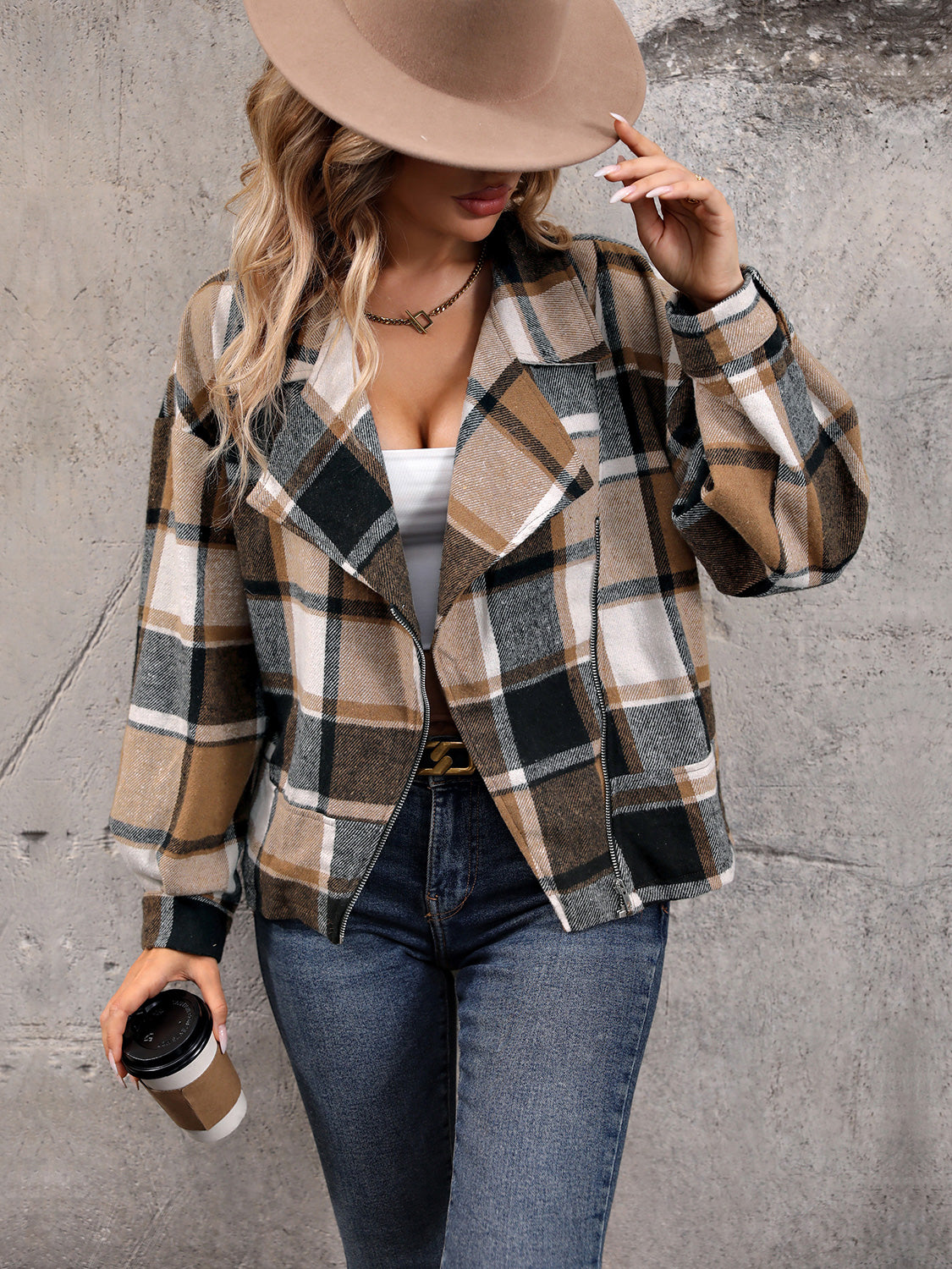 Perfee Plaid Collared Neck Long Sleeve Jacket