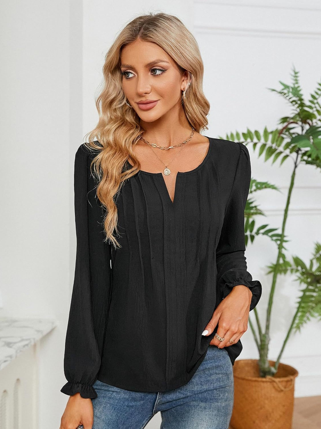 Notched Flounce Sleeve Blouse