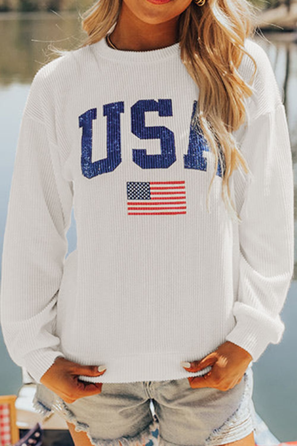 US Flag Corded Long Sleeve Sweatshirt