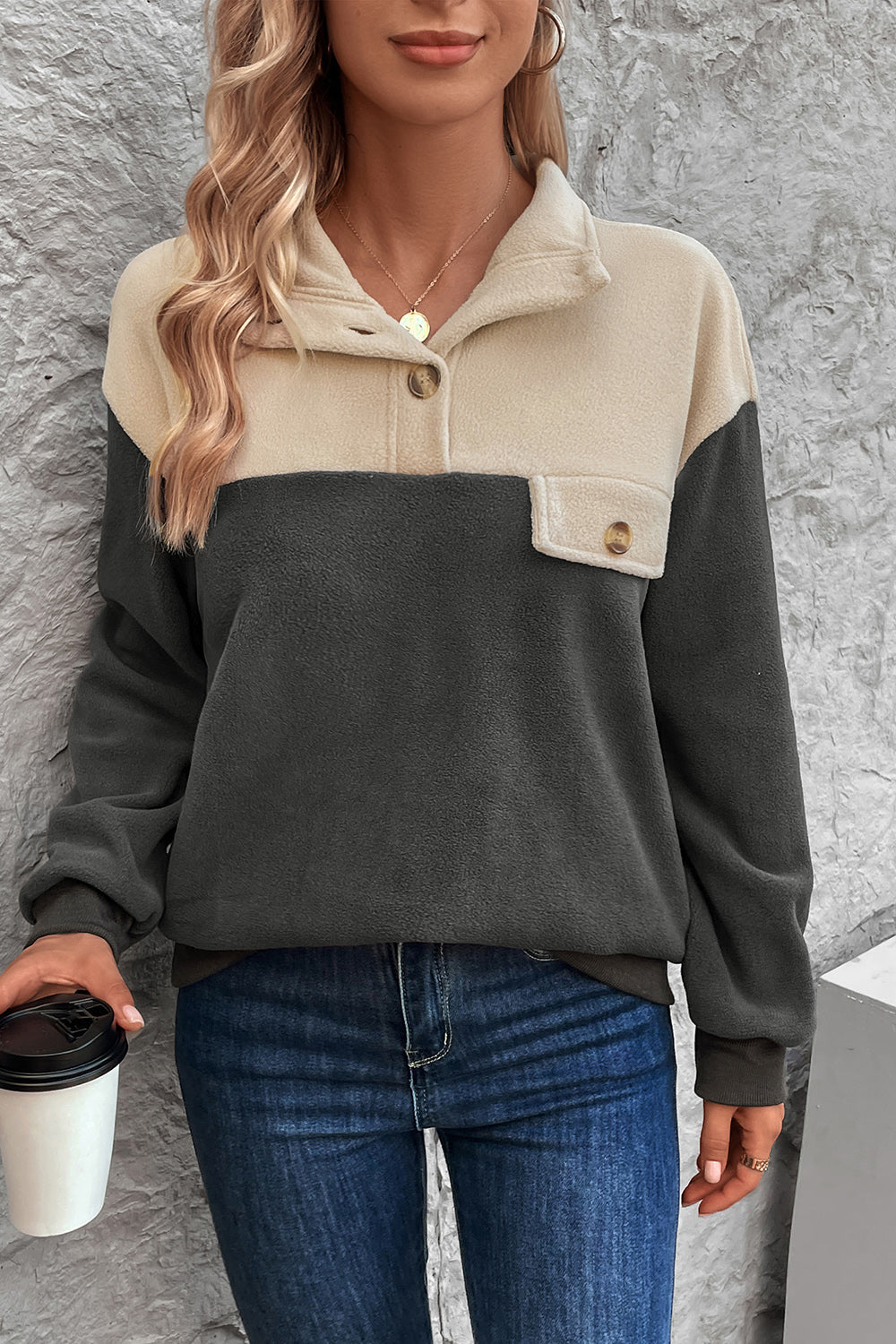 Perfee Color Block Quarter Button Dropped Shoulder Sweatshirt