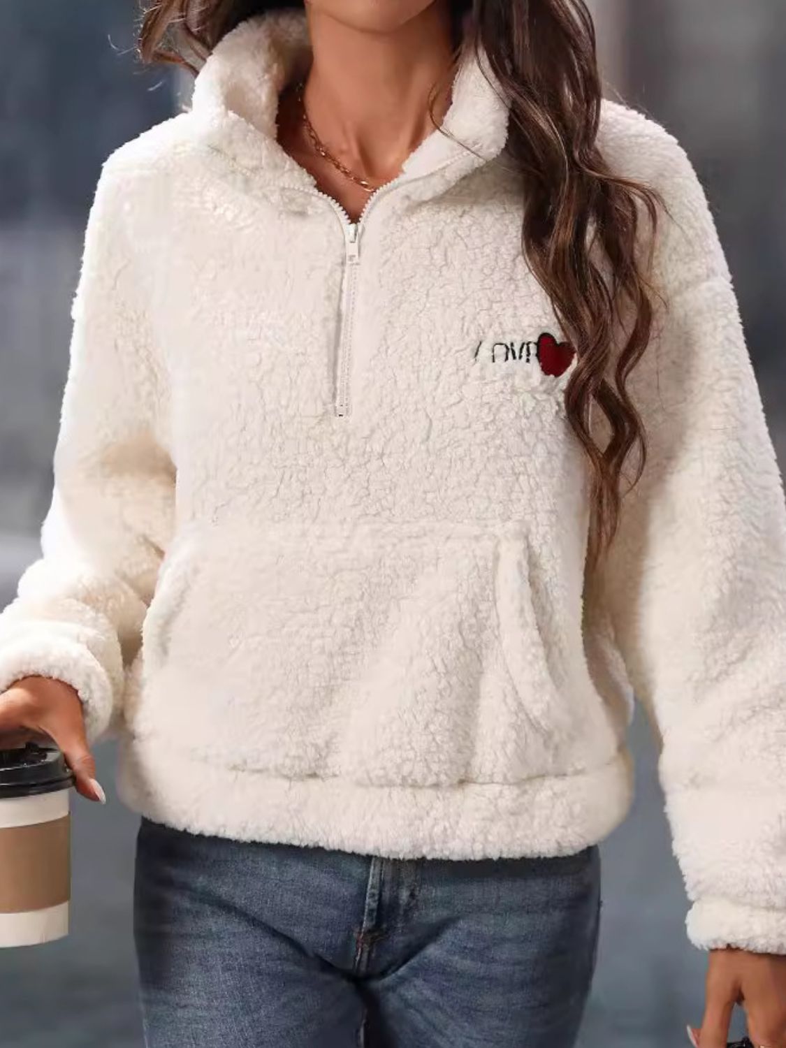 Heart Half Zip Long Sleeve Teddy Sweatshirt