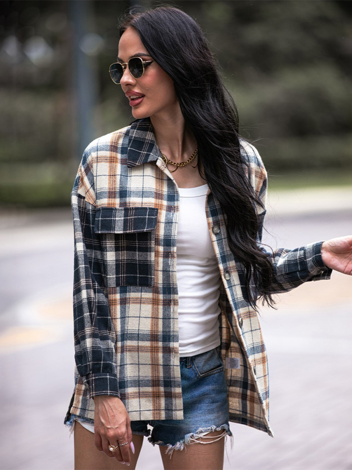 Shiny Plaid Dropped Shoulder Shacket