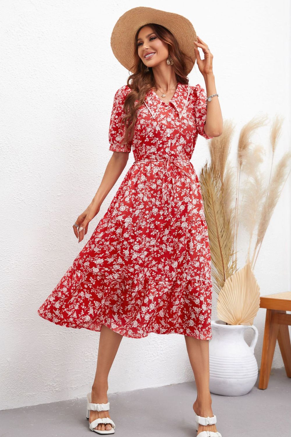 Honey Floral Tie Waist Puff Sleeve Midi Dress