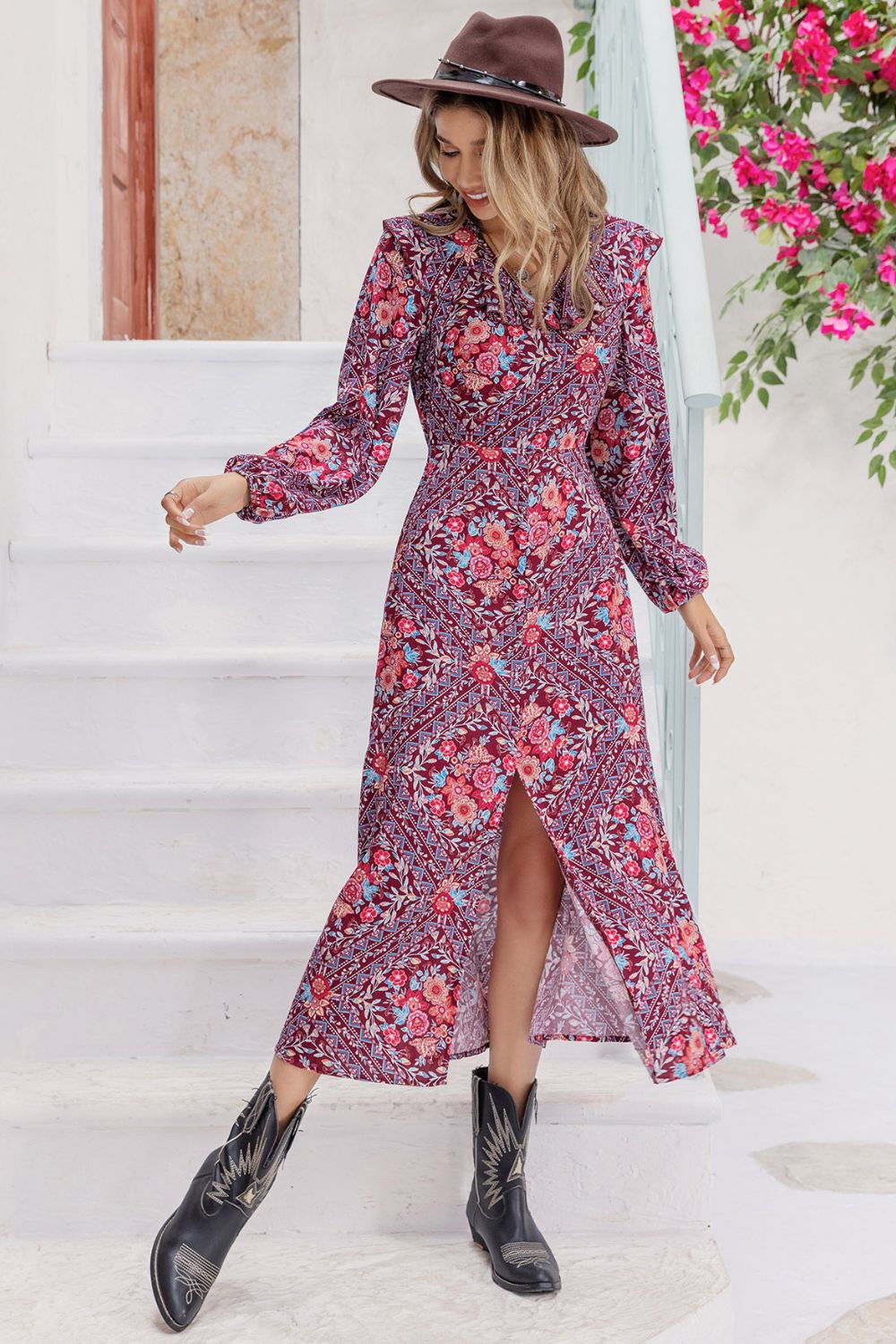 Printed Long Sleeve Slit Midi Dress