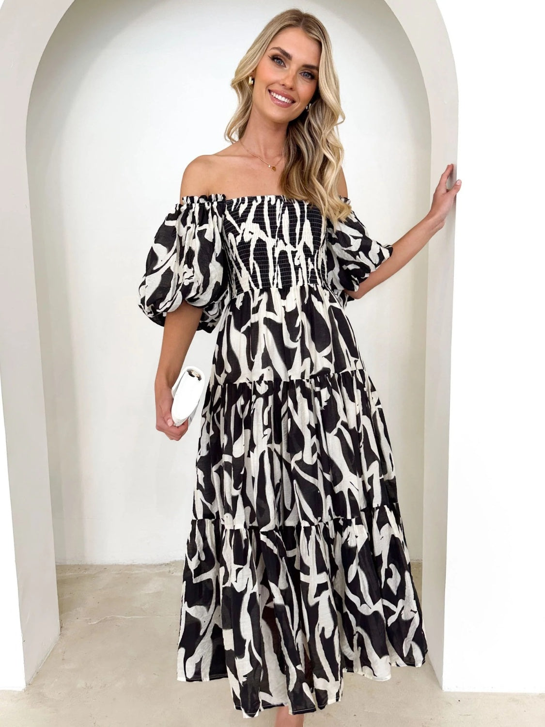 Printed Smocked Off-Shoulder Tiered Dress