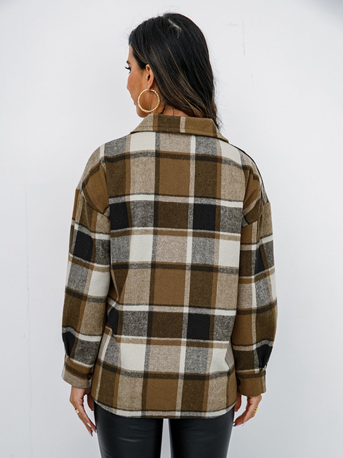 Shiny Plaid Button Up Collared Neck Jacket