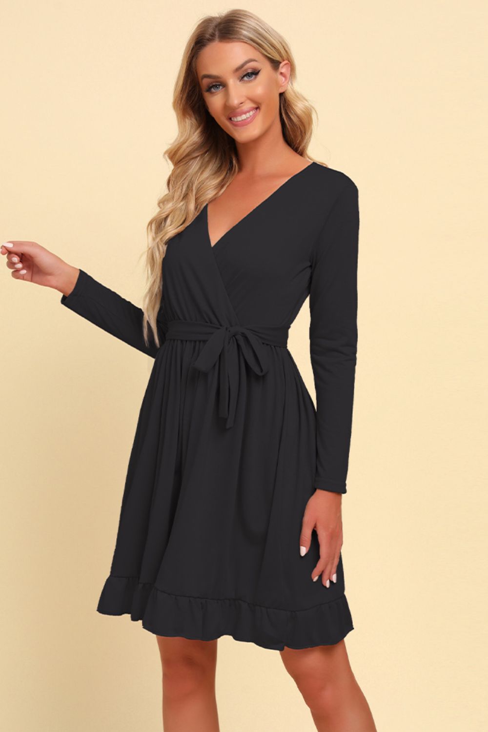 Long Sleeve Tie Waist Ruffle Hem Dress