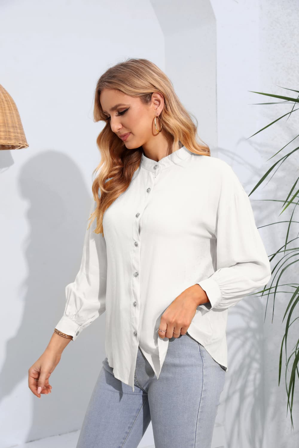 Mock Neck Buttoned Long Sleeve Shirt