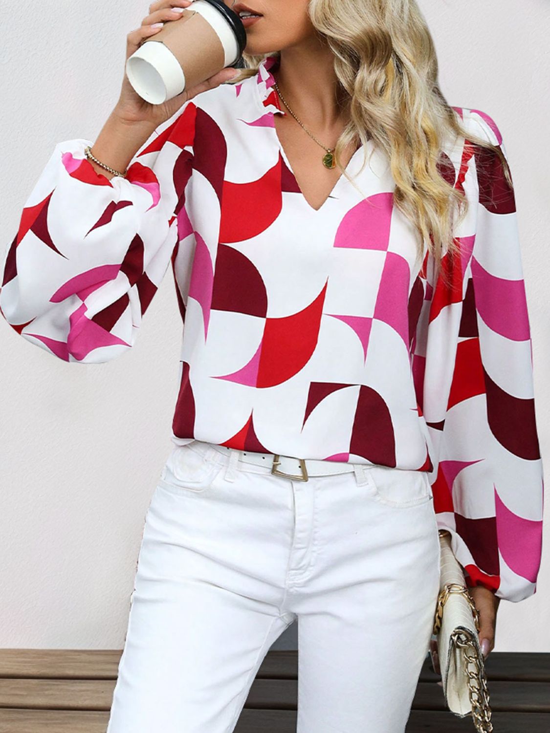 Perfee Frill Notched Long Sleeve Blouse