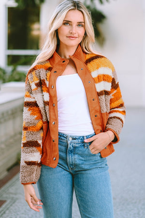 Fuzzy Contrast Snap Down Long Sleeve Jacket