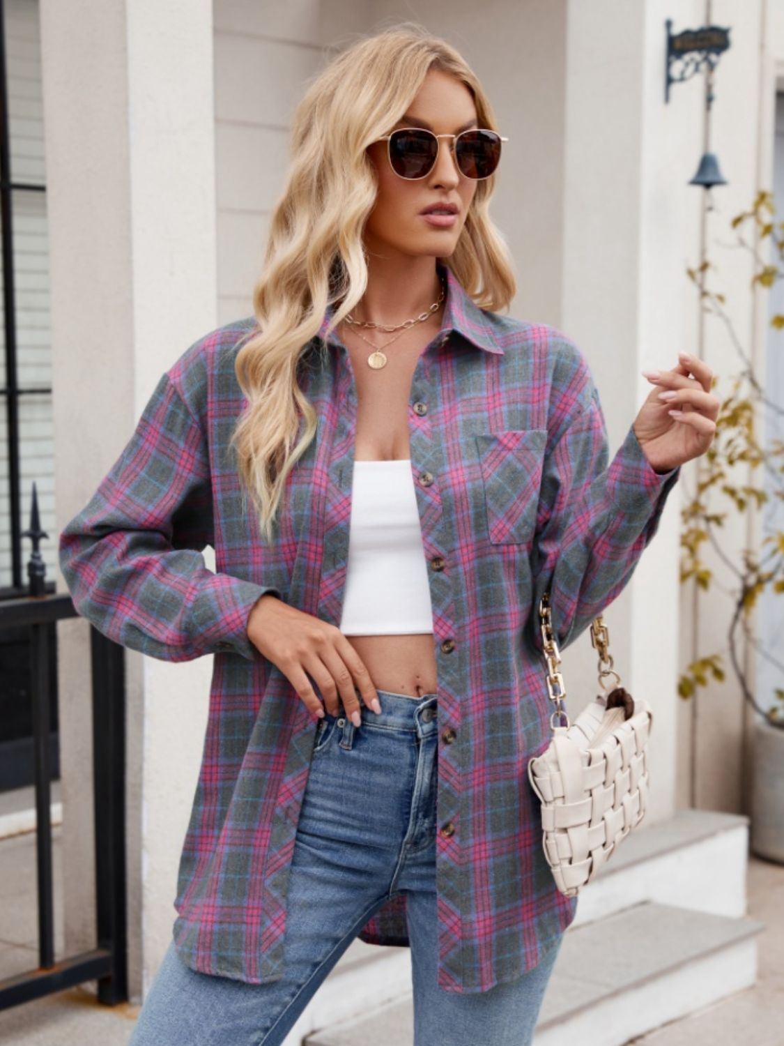 Mandy Pocketed Plaid Collared Neck Long Sleeve Shirt