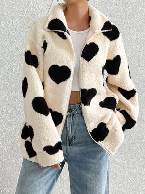 Heart Zip Up Drop Shoulder Furry Jacket