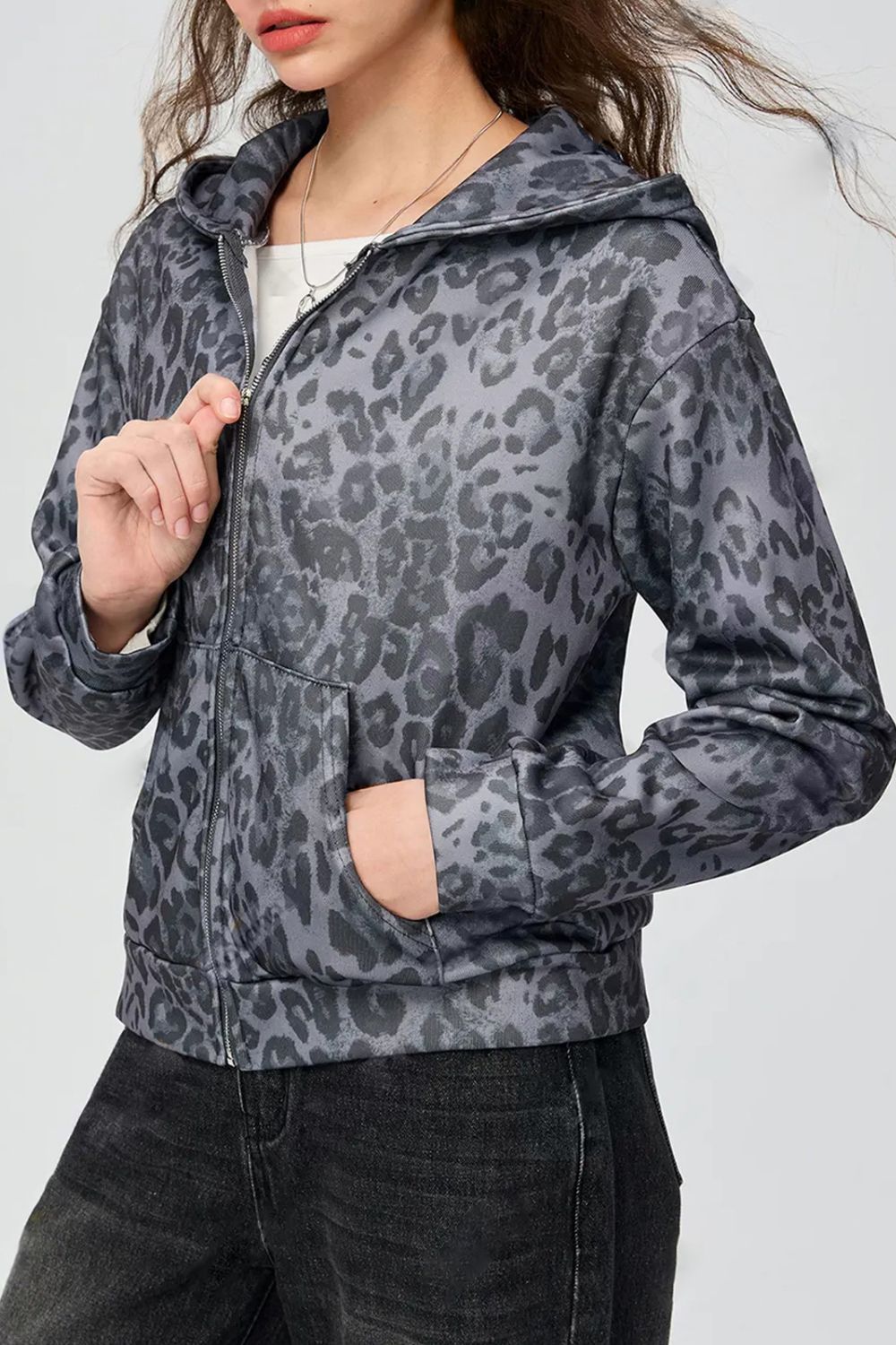 Pocketed Leopard Zip Up Hooded Jacket