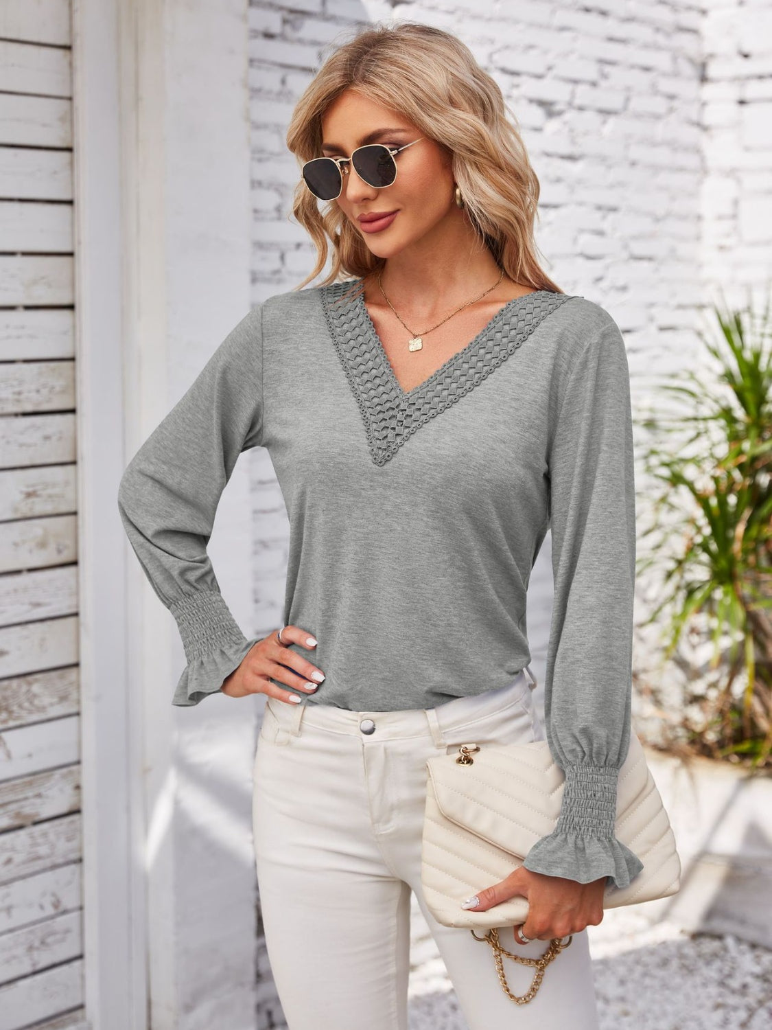 Smocked V-Neck Long Sleeve Blouse