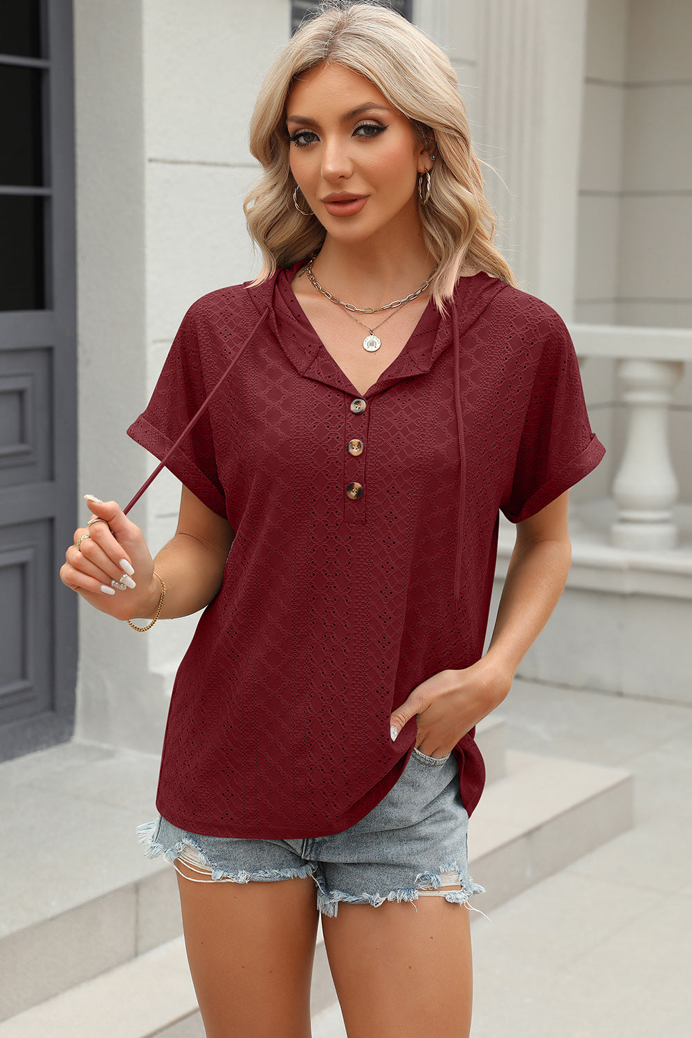 Eyelet Drawstring Hooded Short Sleeve Blouse