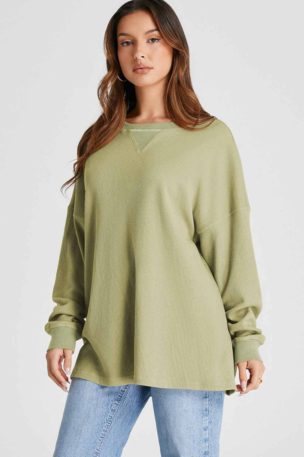 Waffle-Knit Long Sleeve Sweatshirt