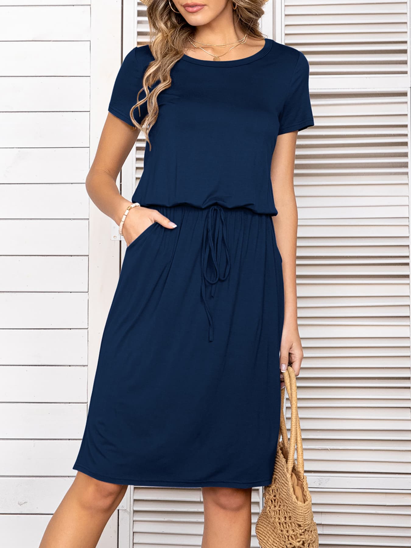 Round Neck Short Sleeve Slit Dress with Pockets