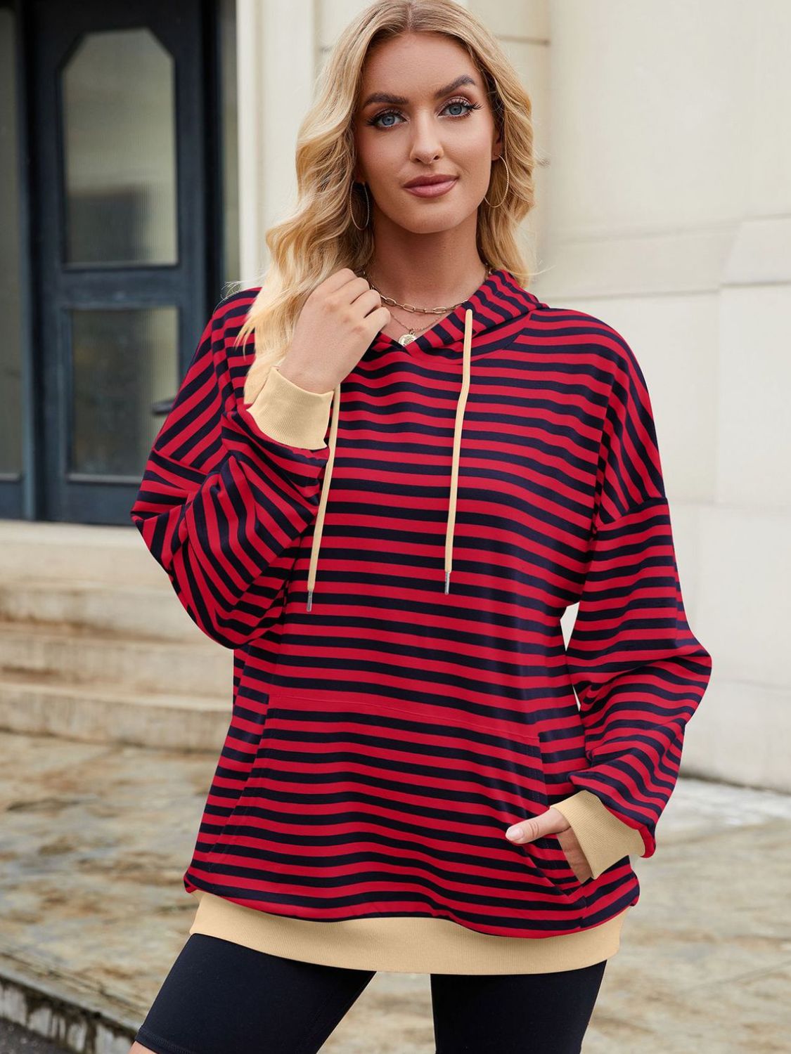 Drawstring Contrast Striped Long Sleeve Hoodie